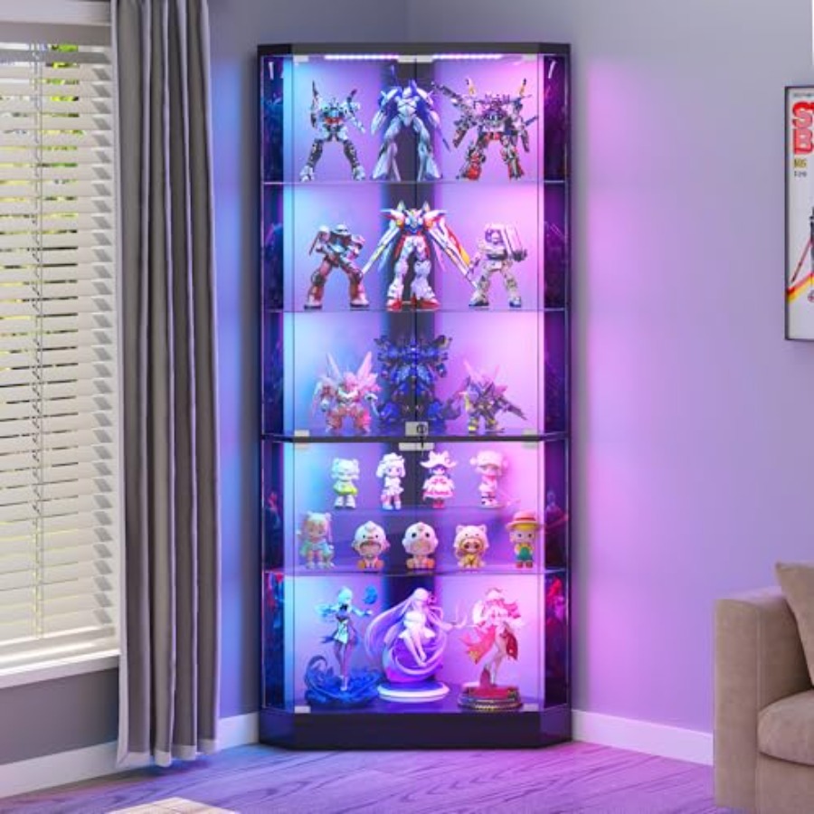 Display Case Acrylic - 小売店向けRGBライトと人感センサー付きコーナーディスプレイケース、黒色アクリル製、モダンな照明付きショーケース