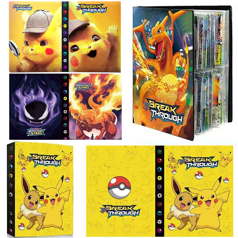 Pokemon Binder Card - 240枚入り、アニメ風アルバムカードブック。ポケモン、ピカチュウ、ヒトカゲのイラスト入り。マップ、レター、バインダー、VMAX、GX、EXのカードを収納できるゲームコレクションフォルダー。 ﻿
